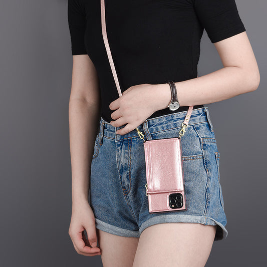 Pink Backpack Crossbody Card Holder iPhone Case: Wearing on Front side